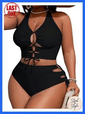 Plus Size Bikini Set Lace Up Tummy Control High Waist 2 Piece Bathing Suit